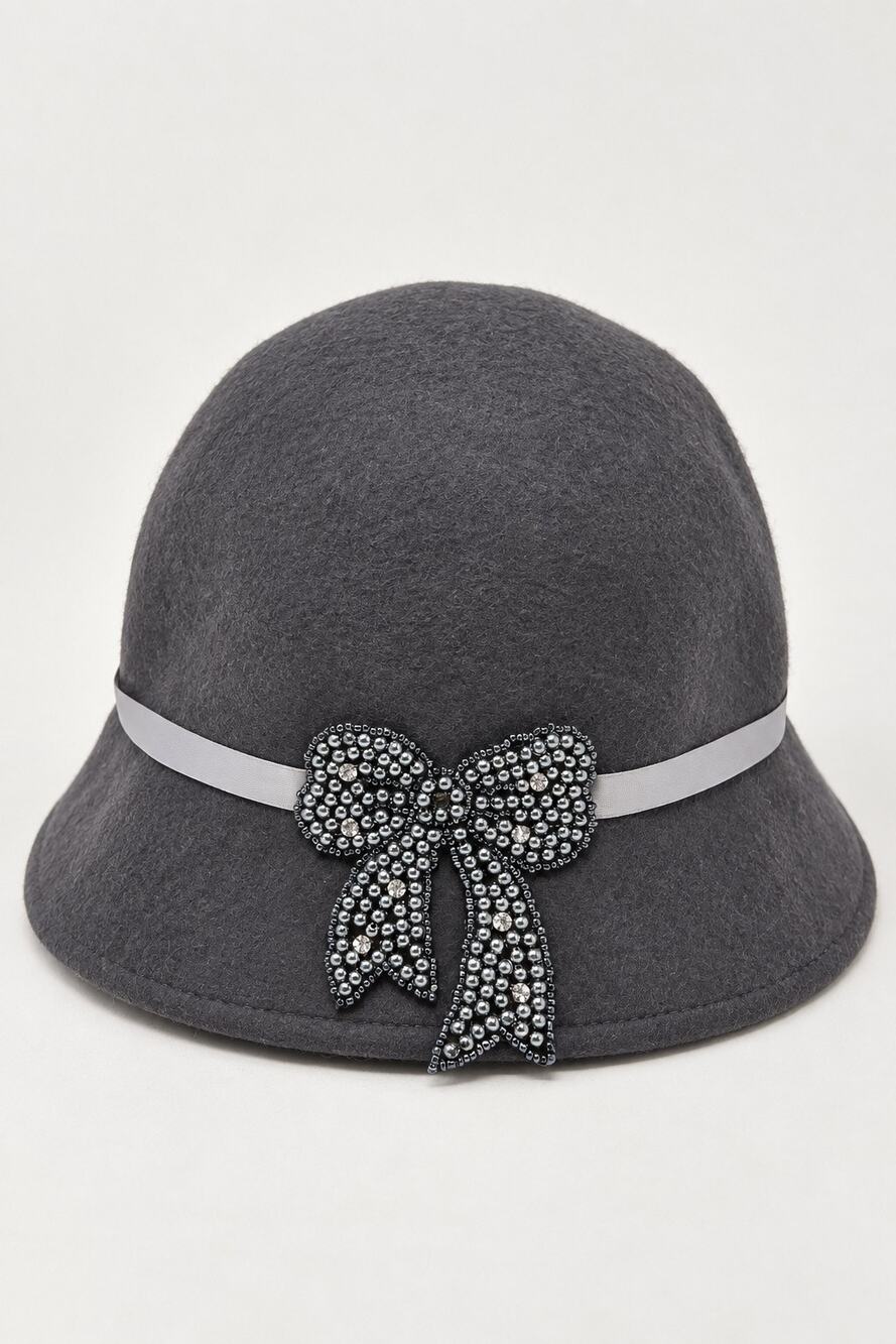 Pins and Needles Felted Wool Beaded Bow Cloche Hat Gray